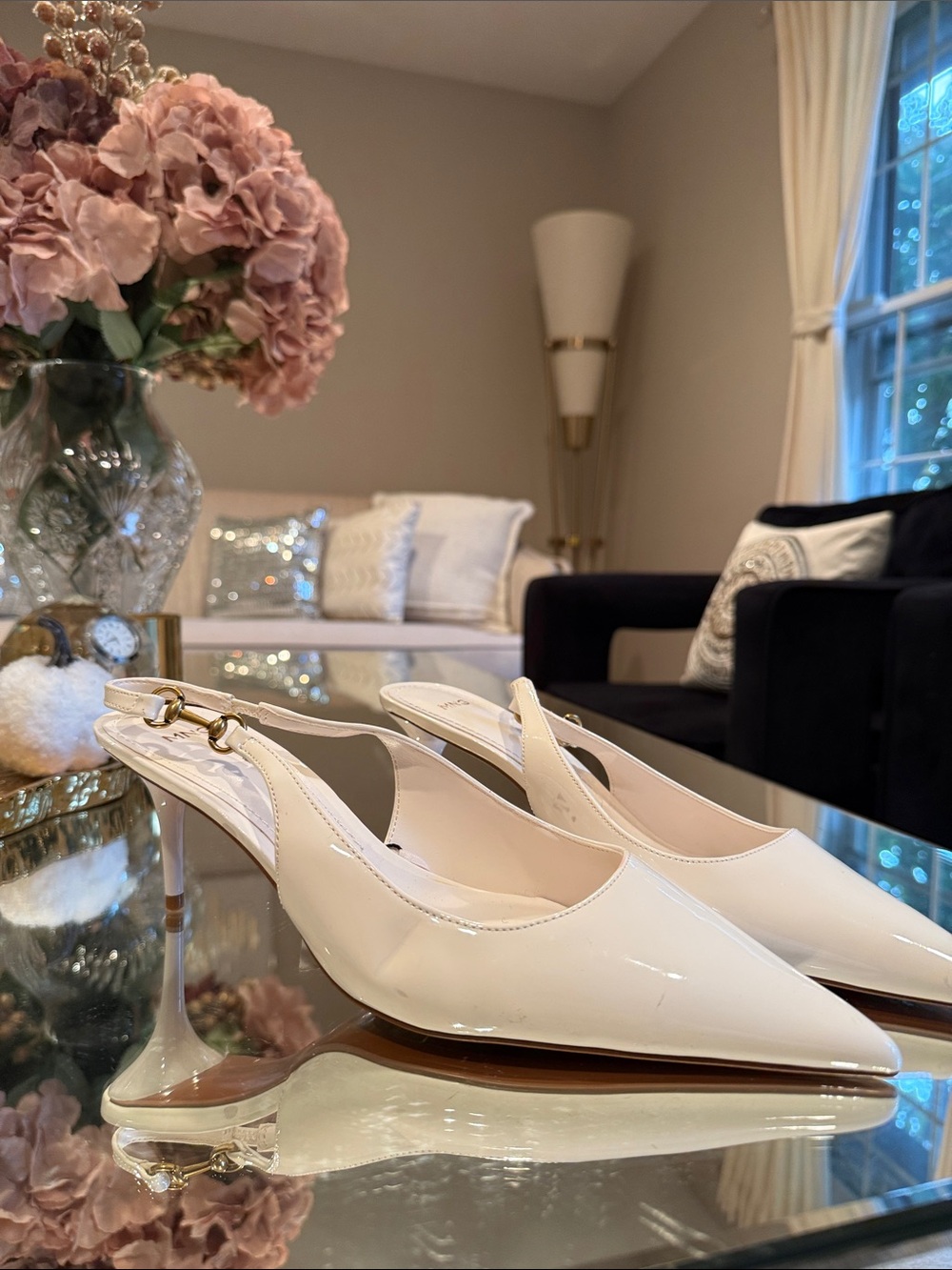 MNG Patent Leather White Slingback Pointed-Toe Heels